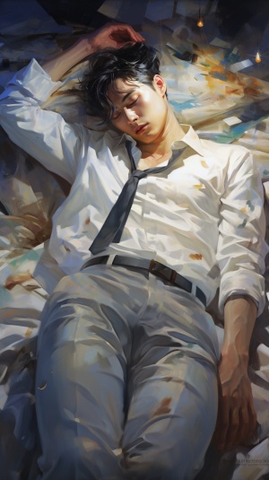 Man in White Suit Laying on Bed of Paper in the Style of Kris Knight, Yuumei, Shinyglossy, Zhang Jingna, Wet-on-wet Blending, Detailed Costumes, Translucent Colorar 3:4