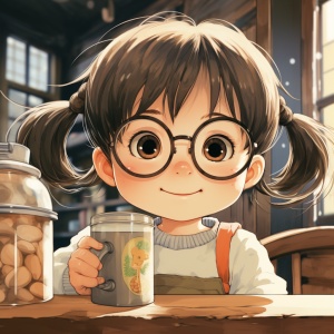 可爱小女孩在咖啡店门口的开心正面照，吉卜力风格色彩