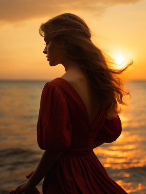 海边看日落的美女，侧逆光
