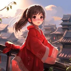 五岁的中国女孩，红色汉服，可爱的圆脸，天空，自信迷人，古色古香，街道，二次元，CG渲染。