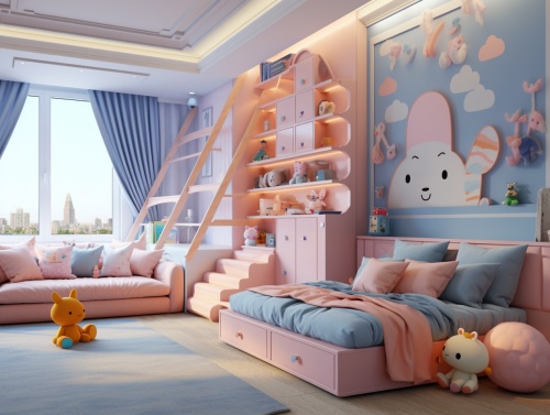 3D儿童卧室以粉色和蓝色为主，风格质感，色彩纯正