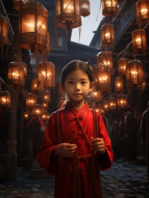 小女孩，红色衣服，古风，打灯笼，在找街道上，庙会