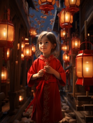 小女孩，红色衣服，古风，打灯笼，在找街道上，庙会