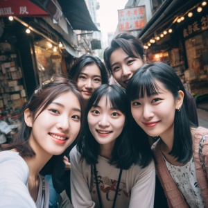 在香港老街自拍，四五个17岁女孩，大眼睛双眼皮，黑头发，和好朋友一起，喝奶茶，喝瑞幸，