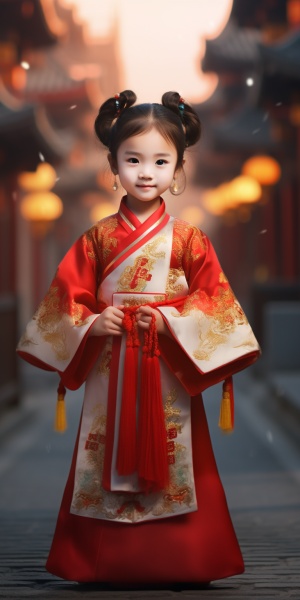 五岁的中国女孩，红色汉服，可爱的圆脸，天空，金元宝，自信迷人，古色古香，街道，CG渲染。