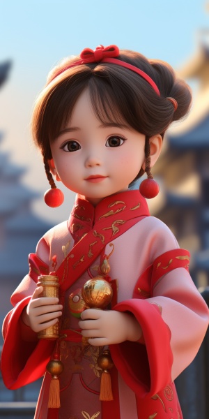 五岁的中国女孩在古色古香的街道上自信迷人