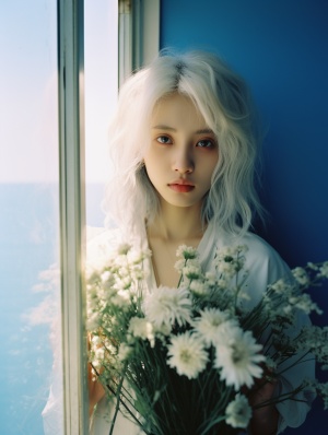 A Warm and Loving Moment: Korean Girl with White Hair Surrounded by Flowers