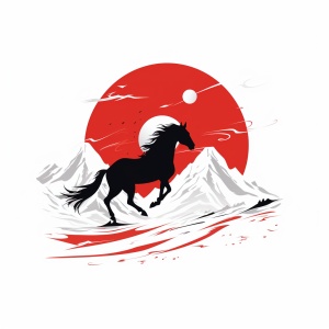 矢量标志由线条和形状组成，轮廓是一座红色的山（红色圆形廓）和一匹骏马，现代风格，简单的线条，白色背景。