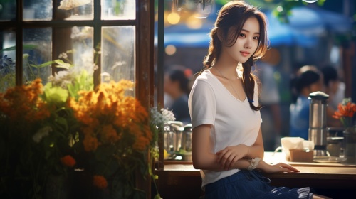 写真照片,咖啡馆背景,穿白色T恤,蓝色半身裙,韩系风格,女生全身,坐在橱窗前,为画面主体,前景虚化一些花草