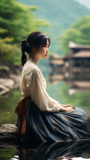 中国女孩坐河边，电影感，8K电影剧照