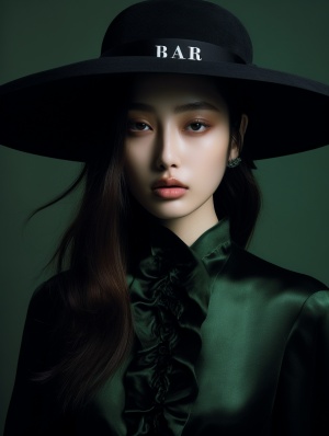 the,cover,of,bazaar,featuring,a,beautiful,Japanese,girl,wearing,a,hat,,looks,like,Angelababy,in,the,style,of,mysterious,,conceptual,elegance,,Metallic,green,and,black,,shot,on,70mm,,dau,al,set,,dadaistic,,sculpted,ar,3:4,v,5.2