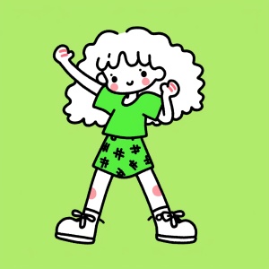 Cute Cartoon Girl with Green Background in Keith Haring Style
