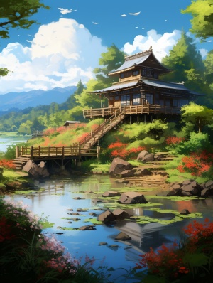 Anime Scenery of a Japanese House with a Pond and Bridge