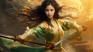 Oriental Style Sword Dancing: A Glowing Golden Dragon Behind