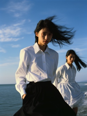 18岁男孩和17岁女孩在海边嬉闹奔跑的青春洋溢照片