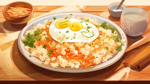 蛋炒饭图片，温馨美味，卡通模式，画面颜色简单