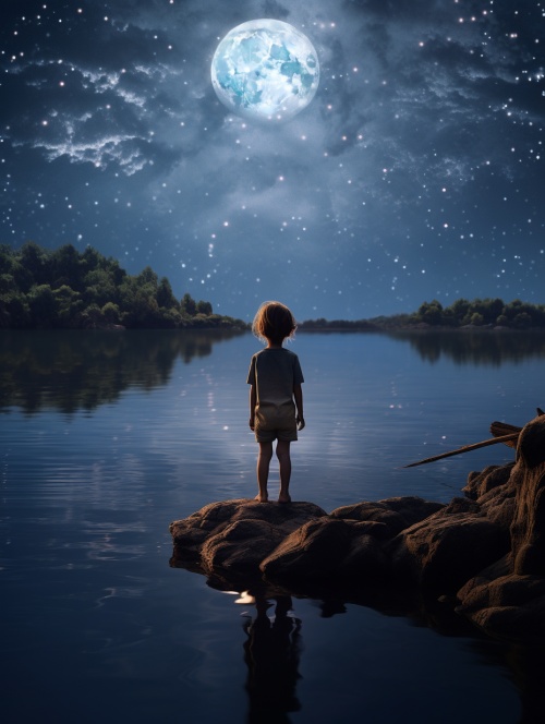 5岁小女孩站在湖边看月亮，超清画质，质感
