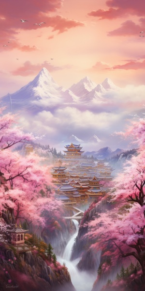 犹如仙境的梦幻建筑，有仙鹤飞过，迎客松屹立山边，华丽的古代建筑，唯美的桃花映入其中，还有翻滚的云海，绚烂的阳光，粉色系背景！