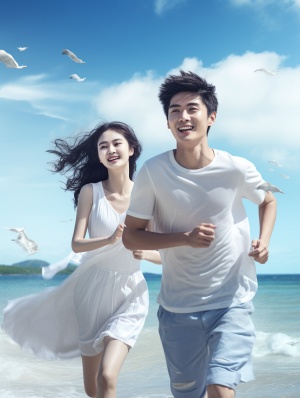 阳光，帅气，22岁中国男孩背着19岁美丽女孩在海边奔跑，背景，蓝天白云大海沙滩，眼睛清澈透亮，有光，非常开心，强调细节，高清4k