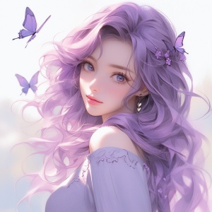 少女的紫色头发与蝴蝶