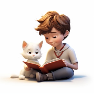 小男孩和小猫咪，书本，简约，简单的线条，白色的背景，logo设计