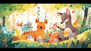 A,vibrant,children's,bookillustration,of,a,group,of,animal,friendsembarking,on,an,adventure,in,a,lush,forest.The,color,palette,is,warm,and,inviting,withbright,greens,,blues,,and,yellows.,The,style,is,playful,and,cartoonish,,making,the,scene,fun,and,engaging,for,children