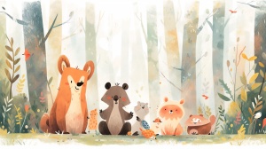 A,vibrant,children's,bookillustration,of,a,group,of,animal,friendsembarking,on,an,adventure,in,a,lush,forest.The,color,palette,is,warm,and,inviting,withbright,greens,,blues,,and,yellows.,The,style,is,playful,and,cartoonish,,making,the,scene,fun,and,engaging,for,children