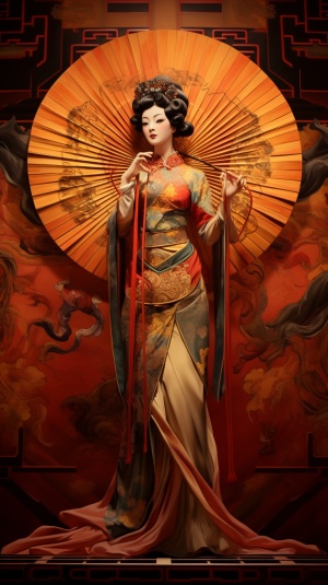 中国古代戏院场景中的浓妆花旦唱戏