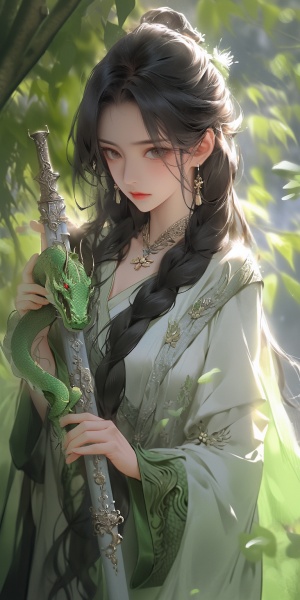 黑色中长发，绿色桃花眼，身穿淡绿色礼服，拿着魔杖，手上绕着一只小蛇