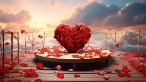 红玫瑰花围成中空心形，木制的平台，平台有两捧红玫瑰花，天空，有云彩，整个氛围很浪漫。