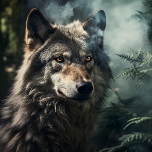 烟雾笼罩下的灰白森林狼