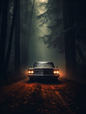 the,car,is,driving,under,trees,in,the,forest,,in,the,style,of,gothic,dark,and,ornate,,smokey,background,,timeless,nostalgia,,silhouette,lighting,,i,can’t,believe,how,beautiful,this,is,,national,geographic,photo,,noir,comic,art