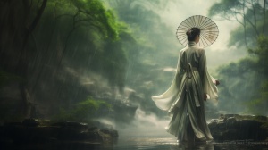 清晨翠绿的竹林里一位淡青间白色中国古装美女，撑着雨伞仰望着山峰瀑布，下着淅淅沥沥的小雨，雾气雨水打湿了发尾衣衫
