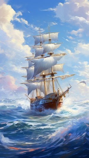 一艘帆船在大海中行驶，海鸥飞翔，蓝色调的天空，阳光，超高清，超分辨率，大师杰作，GG杰作