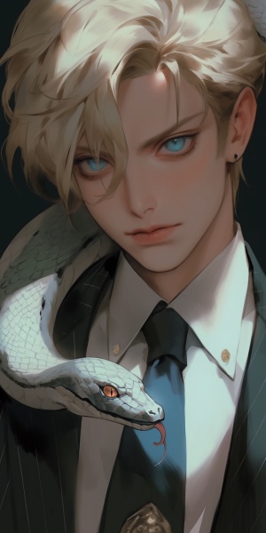 金色头发男生身穿西服淡蓝色眼睛与蛇相伴