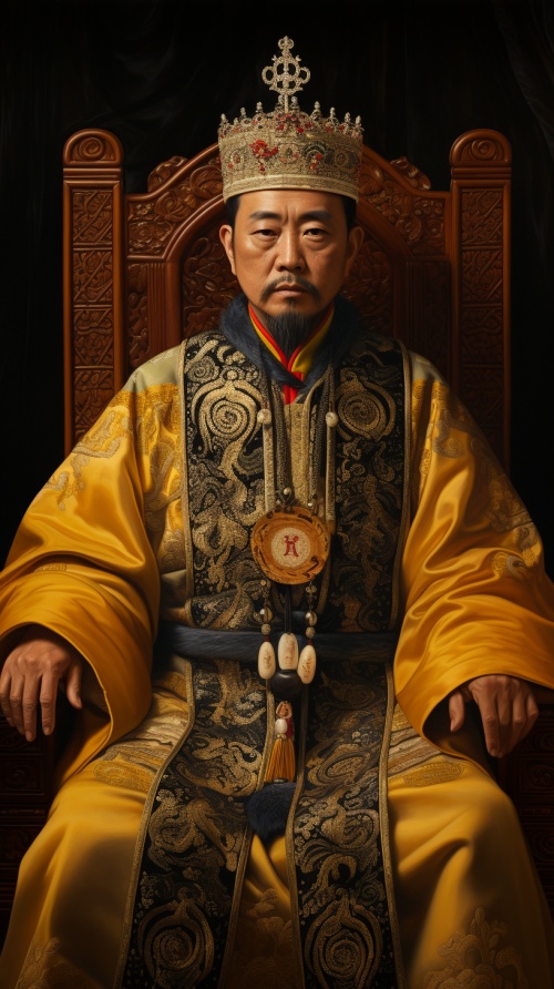 清朝皇帝，头戴九珠黄冠，刺绣衣袍，案桌，纸笔，阳光、散光、灰蒙、超高清、超分辨率，大师杰作，电影写实