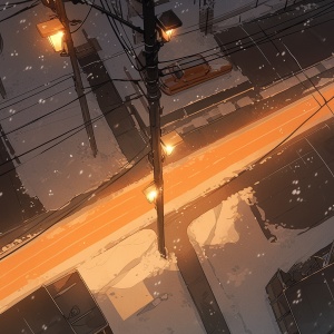 从高处往下看两排橘黄色的路灯下着雪的冬夜