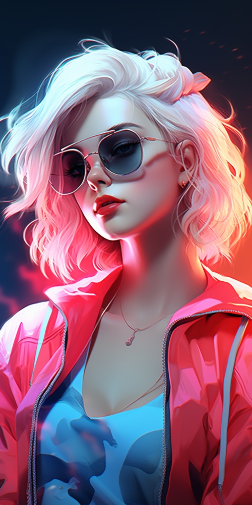 a,fashion,woman,wearing,pink,sunglasses,and,white,blond,hair,,full,body,in,the,style,of,anime,aesthetic,,atey,ghailan,,dark,cyan,,cute,and,colorful,,animation,,dark,white,and,light,cyan,,closeup,,portrait,facing,the,cameraSmiling,flat,illustration,,minimalism,geometric,shapes,,clean,shinyglossy
