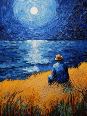 Boy Watching Ocean from Smooth Hill in Pointillism Style