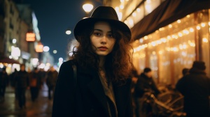欧洲人像,35mm镜头,巴黎街头夜景,电影感