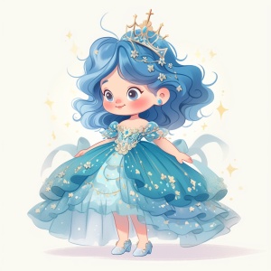 简笔画小女孩，卡通，可爱，蓝发，公主纱裙
