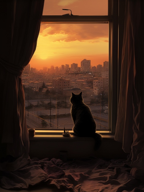 猫,窗帘,窗外,城市,日落,孤独