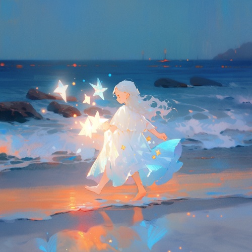 海边，小女孩，白色裙子，奔跑，荧光，星光