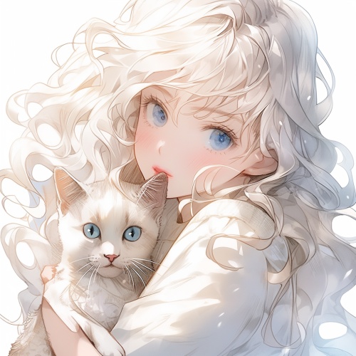 羊毛卷头发的漂亮姐姐和白毛蓝眼睛的猫