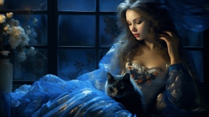 幽静的夜晚,月光透过窗外,忧伤的美女旁边一直可爱的蓝猫陪伴,美女手中未绣完的衣物,美女身着古装,蓝猫两只