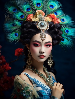 Gorgeous,chinese,gri,,porcelain,skin,,pretty,face,,Dressed,in,gorgeous,opera,costumes,,with,facial,makeup,painted,on,their,faces,,Wearing,an,exquisite,peacock,feather,crown,,beautiful,hairstyle,,Peking,Opera,facial,makeup,,Chinese,drama,style,,fullips,heavy,bright,makeup,,Bright,color,,mockup,blind,box,toy,,Stage,lighting,,hyperfeminine,,natural,volumetric,,depth,of,field,,Award,-,winning,core,photorealistic,,dreamy,,high,definition,,detailed,intricate,,Unreal,Engine,,8k,,super,detail,,blender,