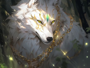 白狼的墨绿眼与金色链，黑夜中的热带雨林