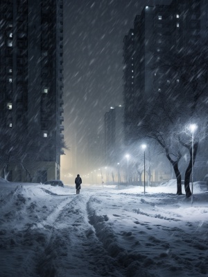 大雪夜晚，孤寂背影，高楼大厦