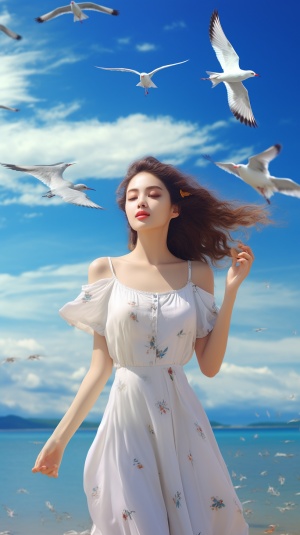 少女，白色连衣裙，海边，蓝天白云。海鸥飞翔，超高清超，超分辨率，大师杰作，GG杰作