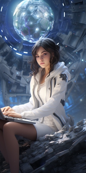 科幻女孩，科幻，玄幻，科幻空间未来世界，岛屿星球，女孩，未来世界，，女孩，电脑，女孩坐在电脑前搜索，女孩穿着科技感的白色外套和白色短裙